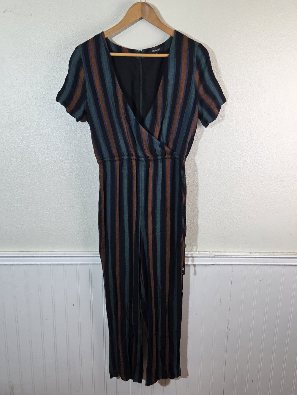 Madewell Jumpsuit Womens 4 Striped V Neck Short Sleeve Wide Leg Wool Blend